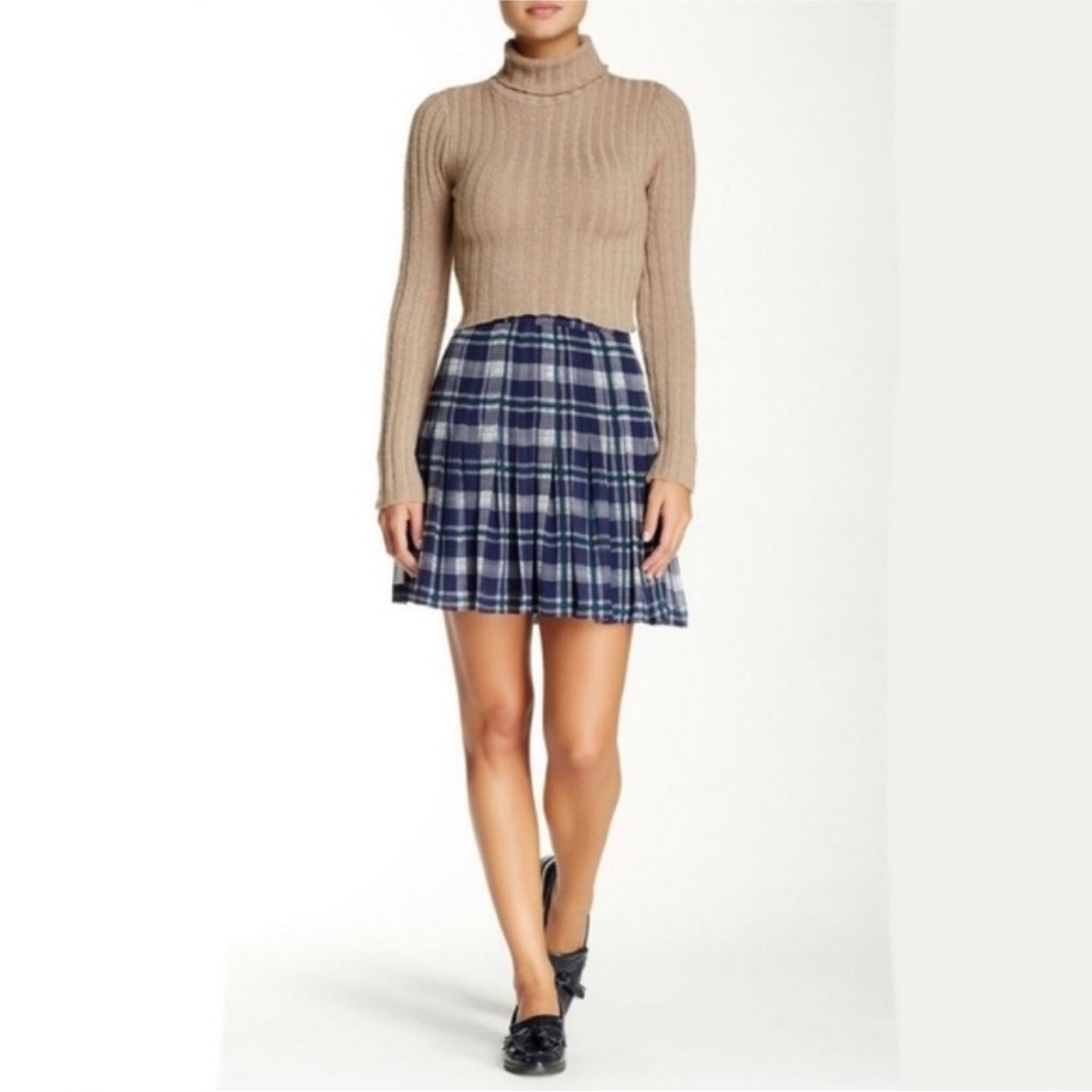 Joie 100% Silk Plaid Pleated Mini Skirt Hidden Side Zip